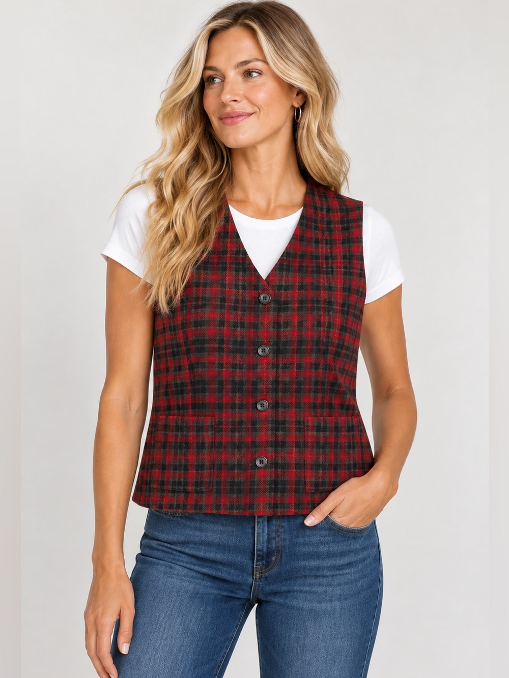 Vintage Eddie Bauer 100% Wool Plaid Vest Red Black Women’s M